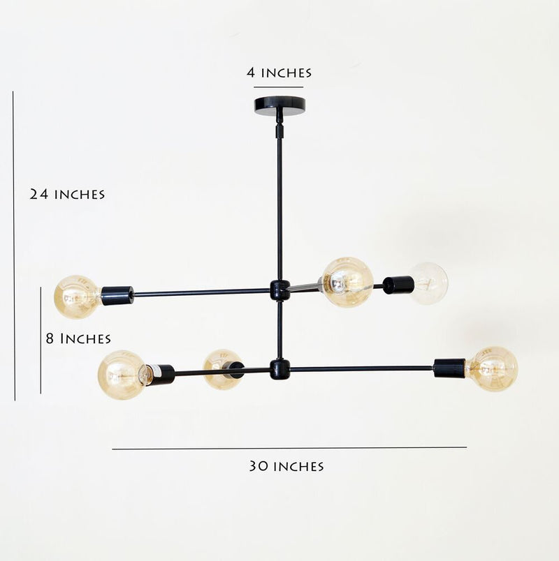 Mid century modern brass chandelier light fixture - 6 Arms Black Light Fixture