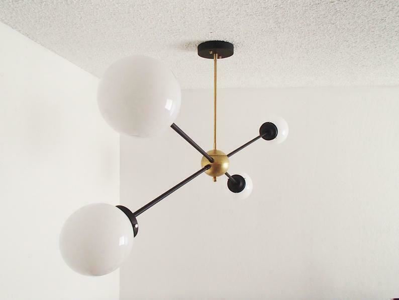 Brass Modern Pendant - Twin Glass Shades - Globe Orb - Frosted Globe Chandelier - Doozie Light Studio