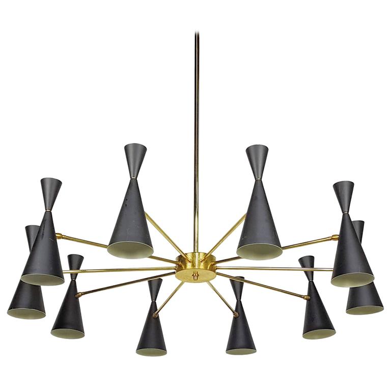 Modern Brass Architectural 'Monolith' Enamel and Brass Cone Chandelier - Doozie Light Studio