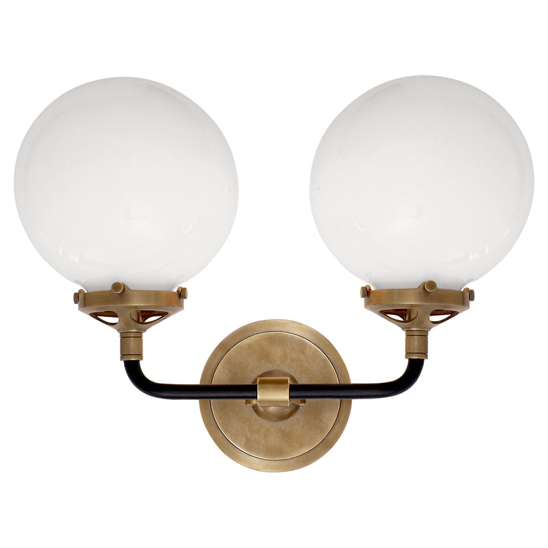MODERN BRASS 2 LIGHT GLASS GLOBE WALL SCONCE