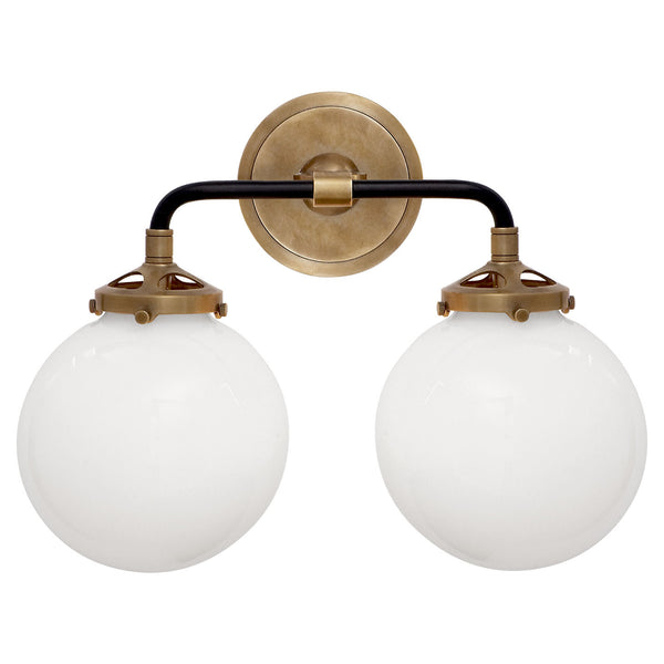 MODERN BRASS 2 LIGHT GLASS GLOBE WALL SCONCE