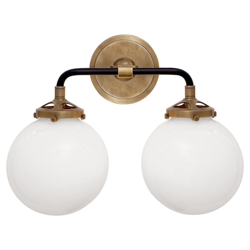 MODERN BRASS 2 LIGHT GLASS GLOBE WALL SCONCE