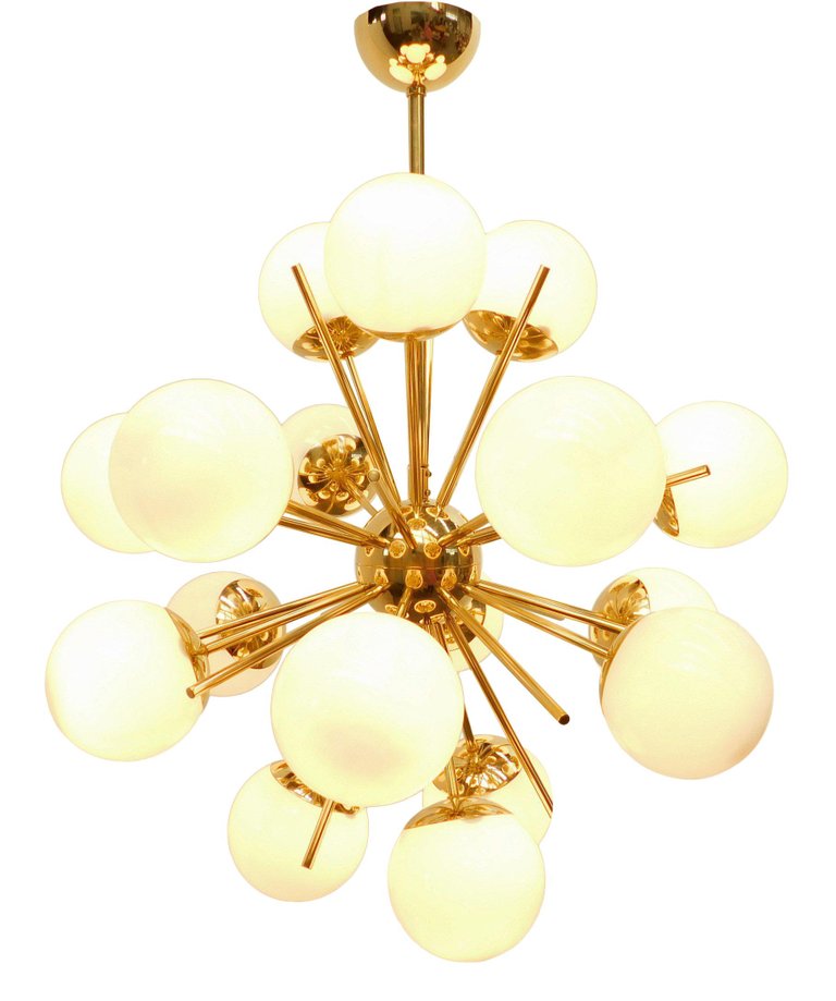 Modern Brass 18 Light Nova Sputnik White Globe Chandelier - Doozie Light Studio