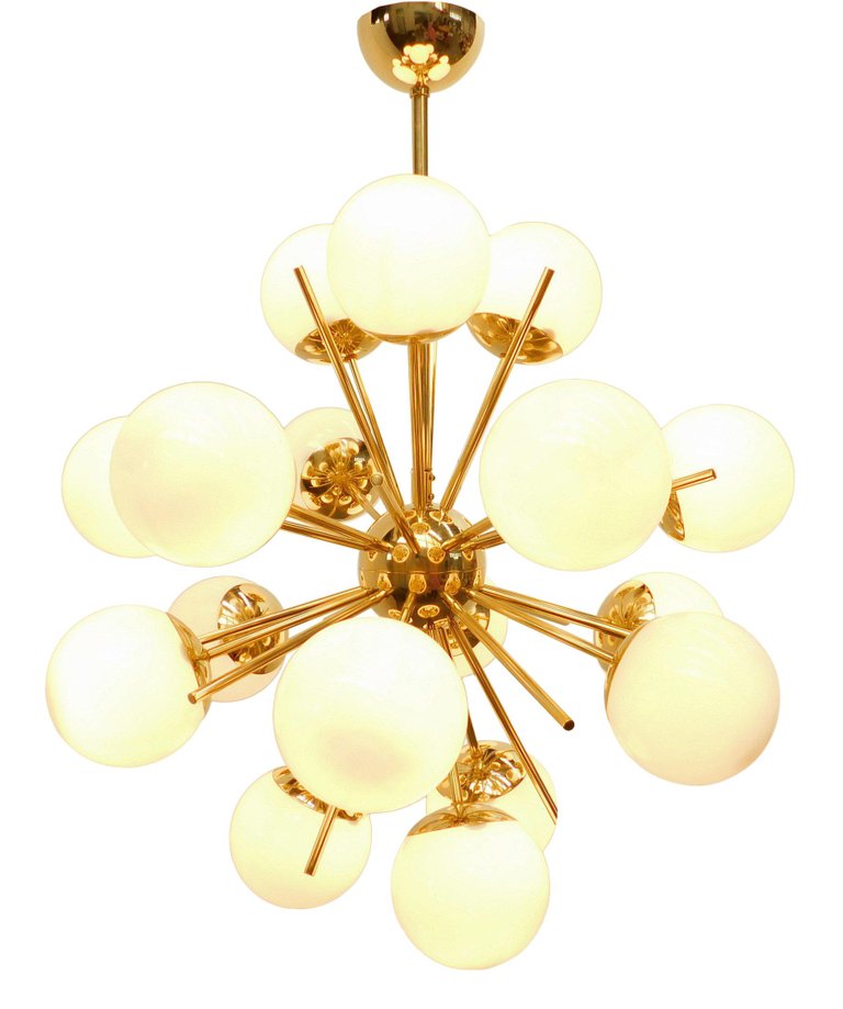 Modern Brass 18 Light Nova Sputnik White Globe Chandelier