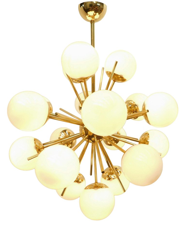 Modern Brass 18 Light Nova Sputnik White Globe Chandelier - Doozie Light Studio