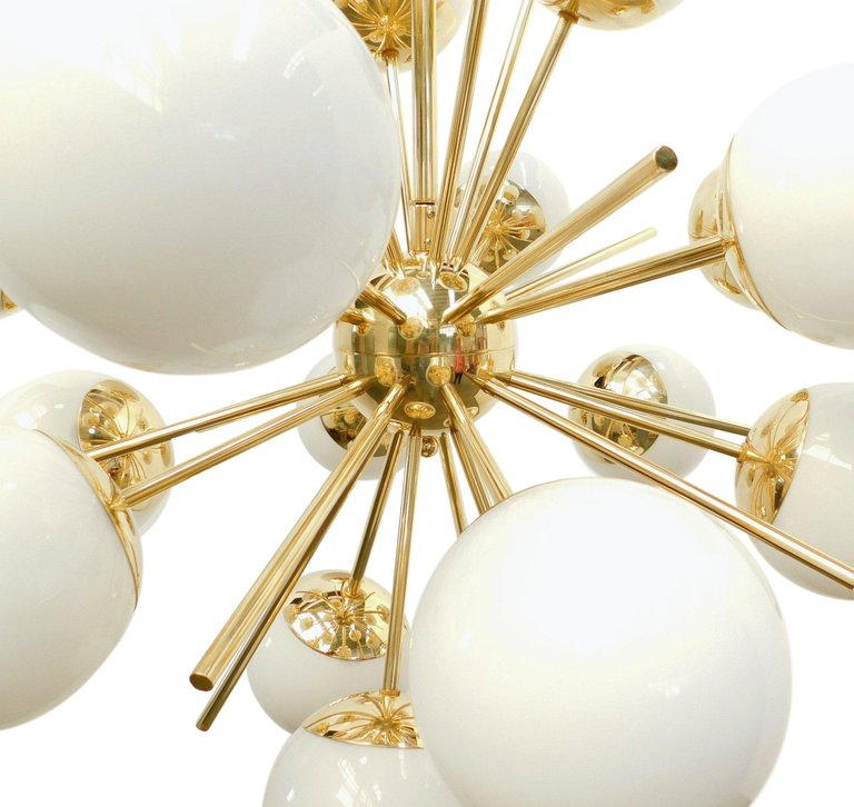 Modern Brass 18 Light Nova Sputnik White Globe Chandelier - Doozie Light Studio