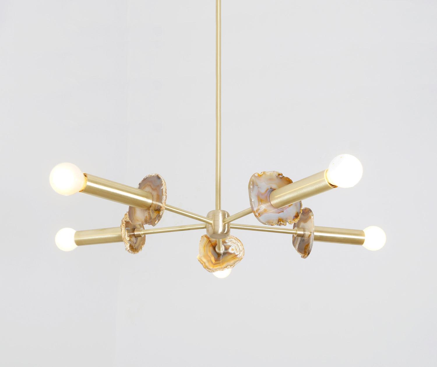 Modern Brass Agate 5 Arm Sputnik Chandelier Semi Flush Mount Agate Stone Light Fixture - Doozie Light Studio