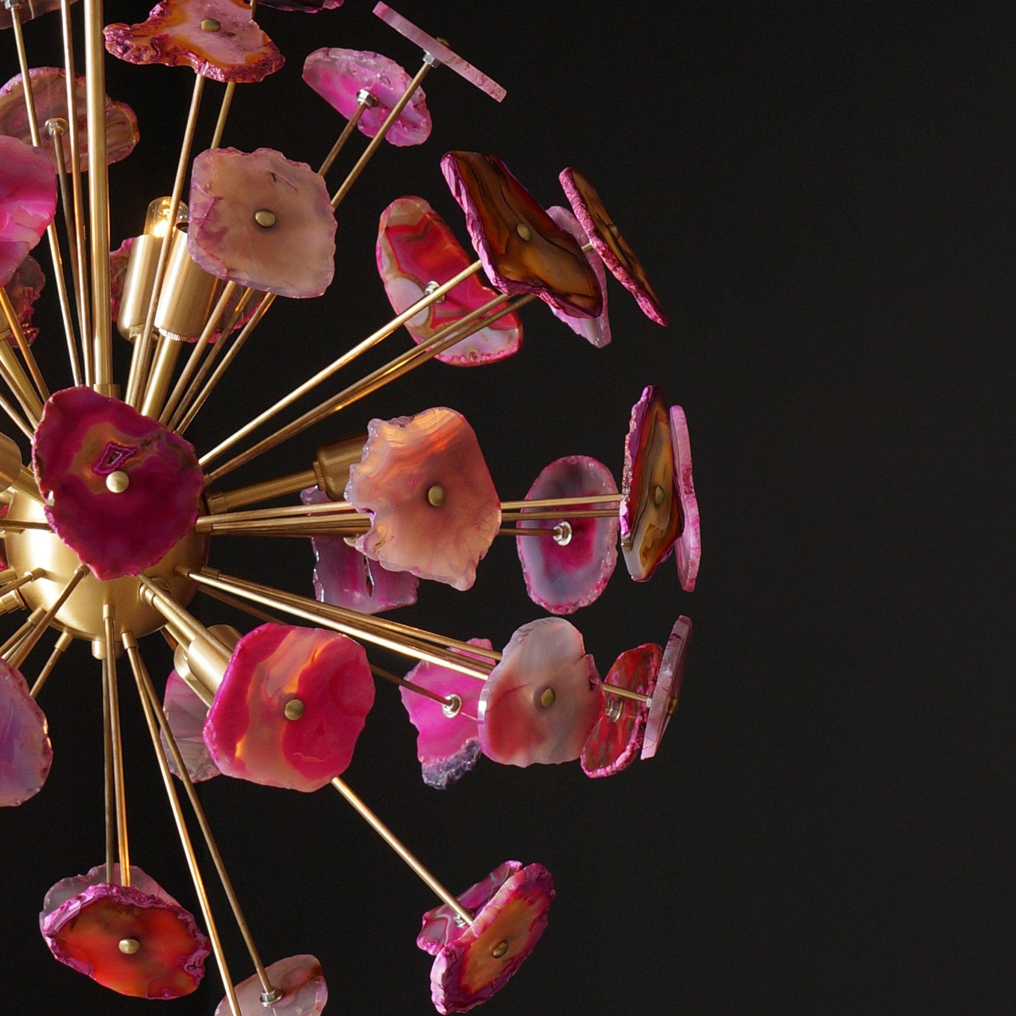 Modern Brass Sputnik Chandelier Light Fixture With Pink Agate Stone - Doozie Light Studio