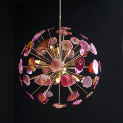 Modern Brass Sputnik Chandelier Light Fixture With Pink Agate Stone - Doozie Light Studio