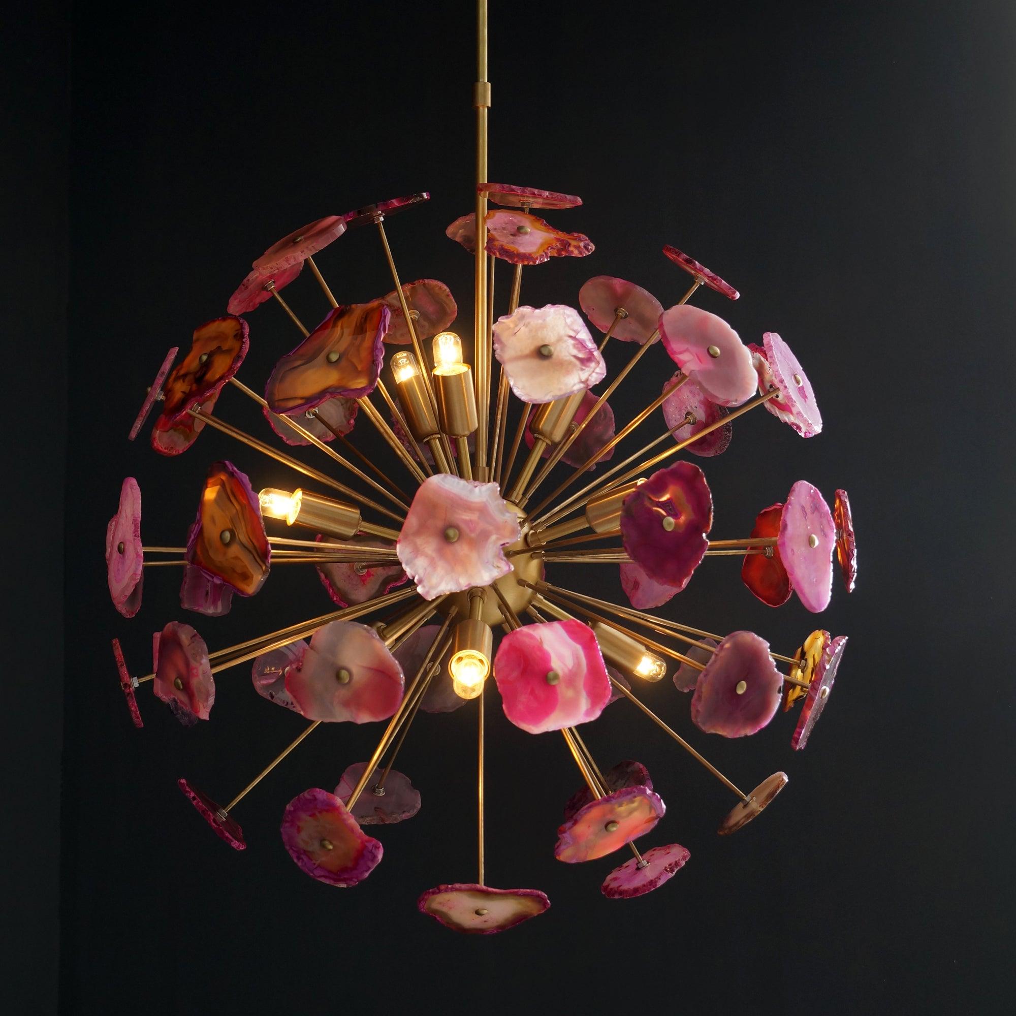 Modern Brass Sputnik Chandelier Light Fixture With Pink Agate Stone - Doozie Light Studio