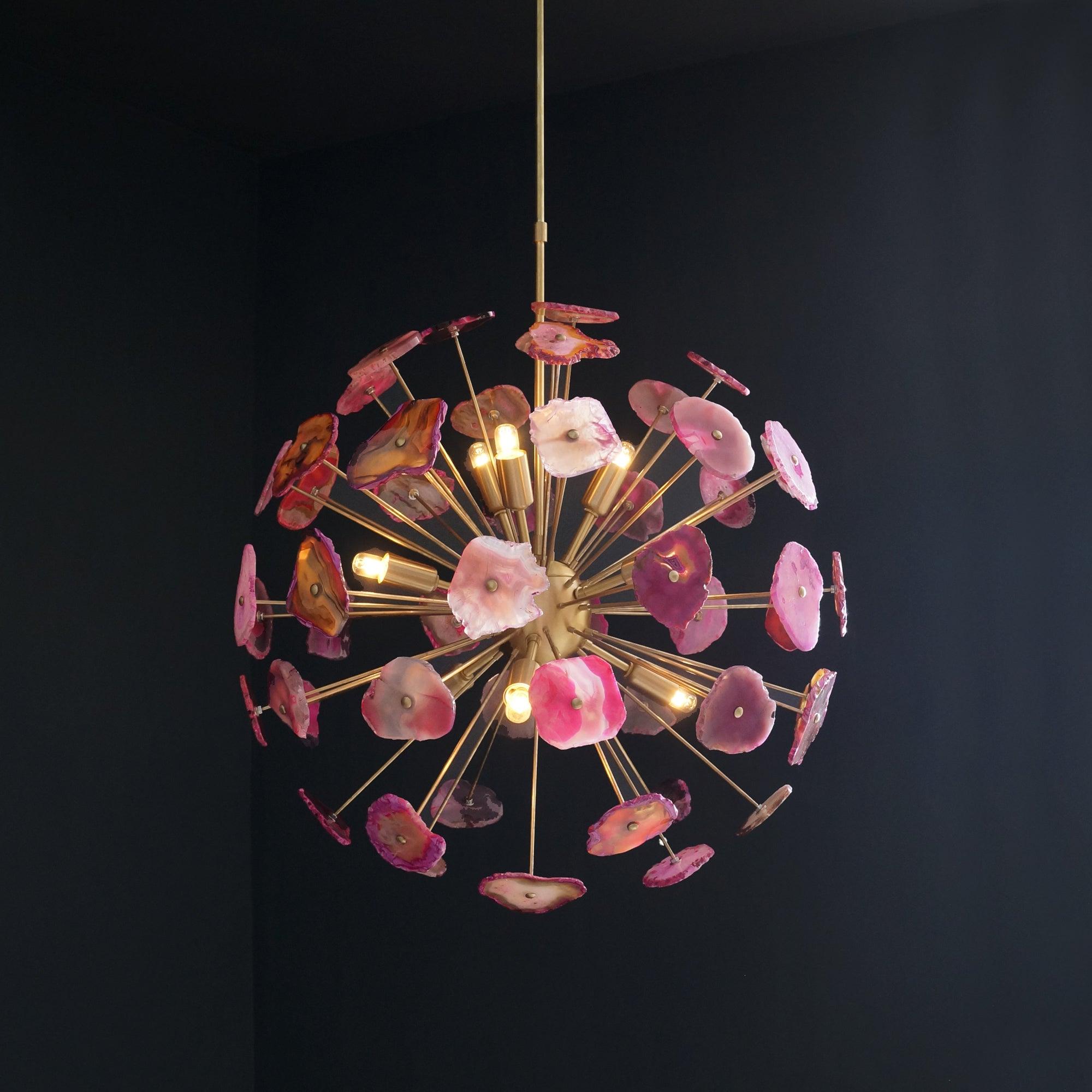 Modern Brass Sputnik Chandelier Light Fixture With Pink Agate Stone - Doozie Light Studio