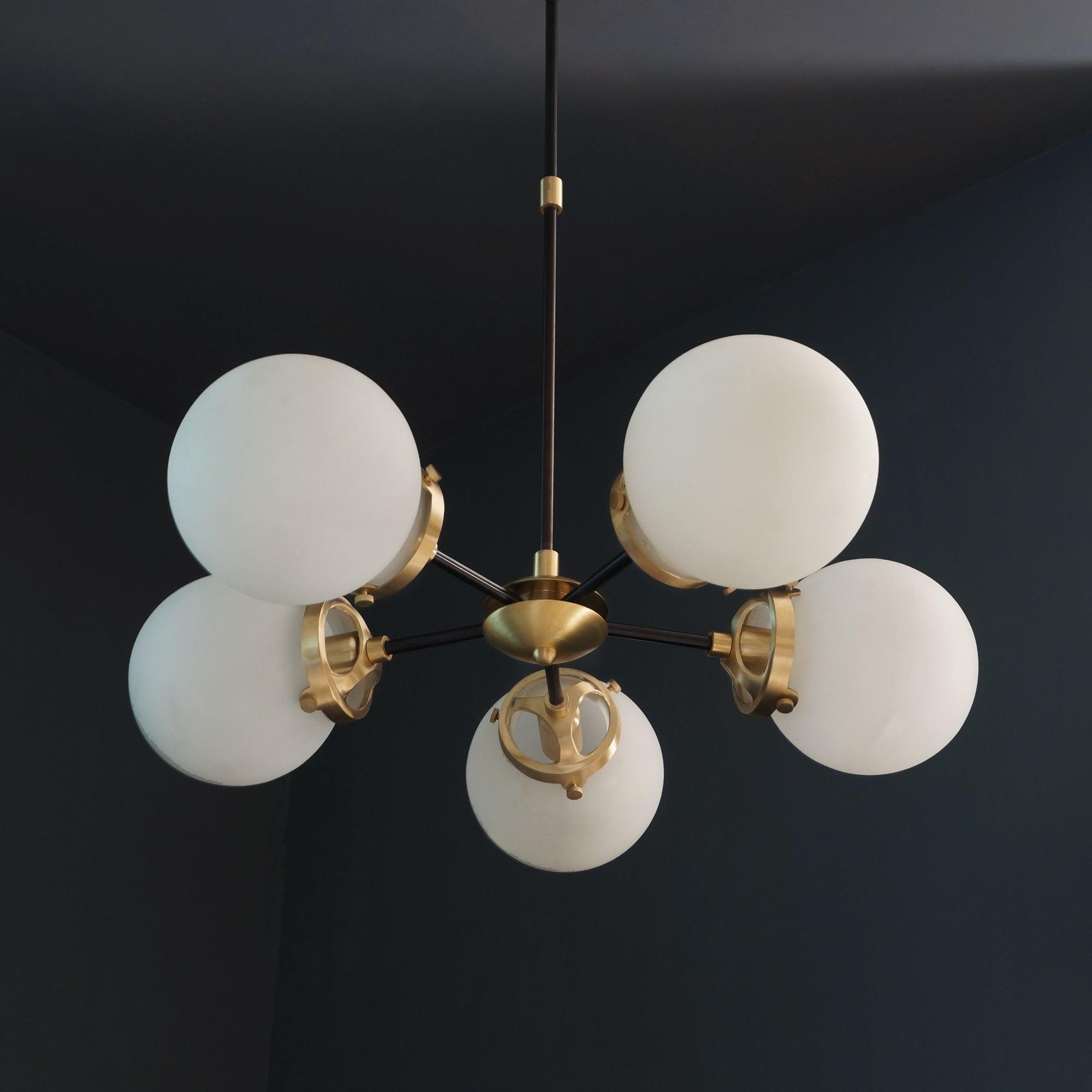 Modern Brass 5 Bulbs Glass Globe Sputnik Chandelier Light Fixture - Doozie Light Studio