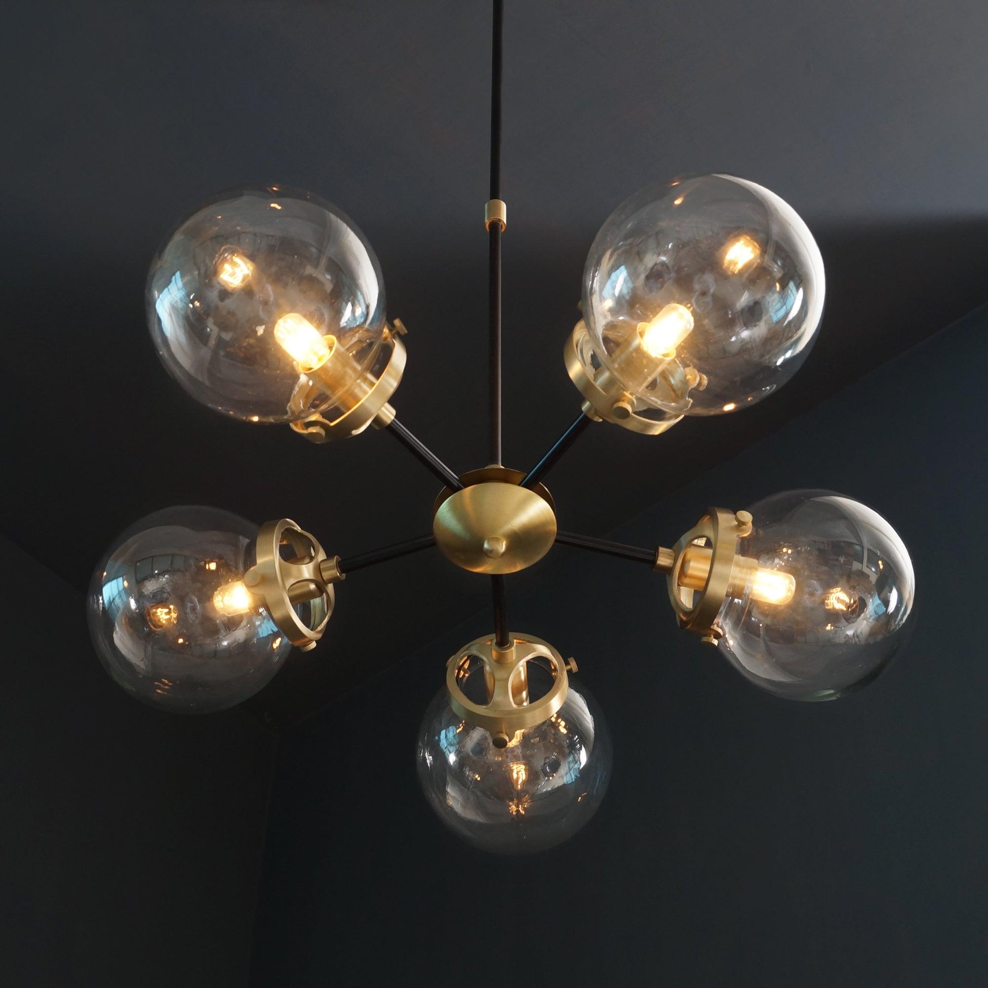 Modern Brass 5 Arms Glass Globe Sputnik Chandelier Light Fixture - Doozie Light Studio