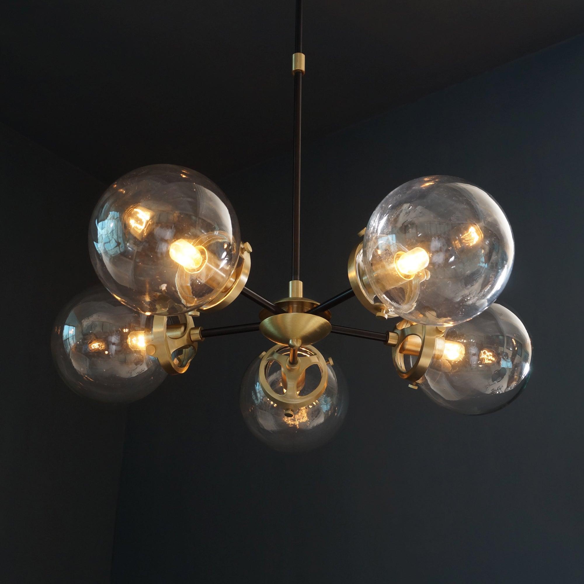 Modern Brass 5 Arms Glass Globe Sputnik Chandelier Light Fixture - Doozie Light Studio