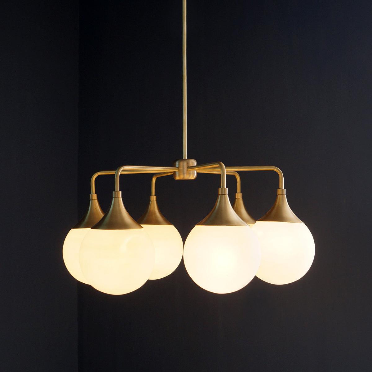 Modern Brass 6 Bulbs Glass Globe Trumpet Chandelier - Doozie Light Studio