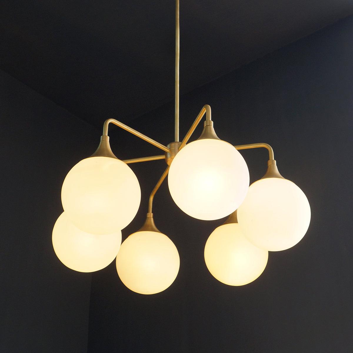 Modern Brass 6 Bulbs Glass Globe Trumpet Chandelier - Doozie Light Studio