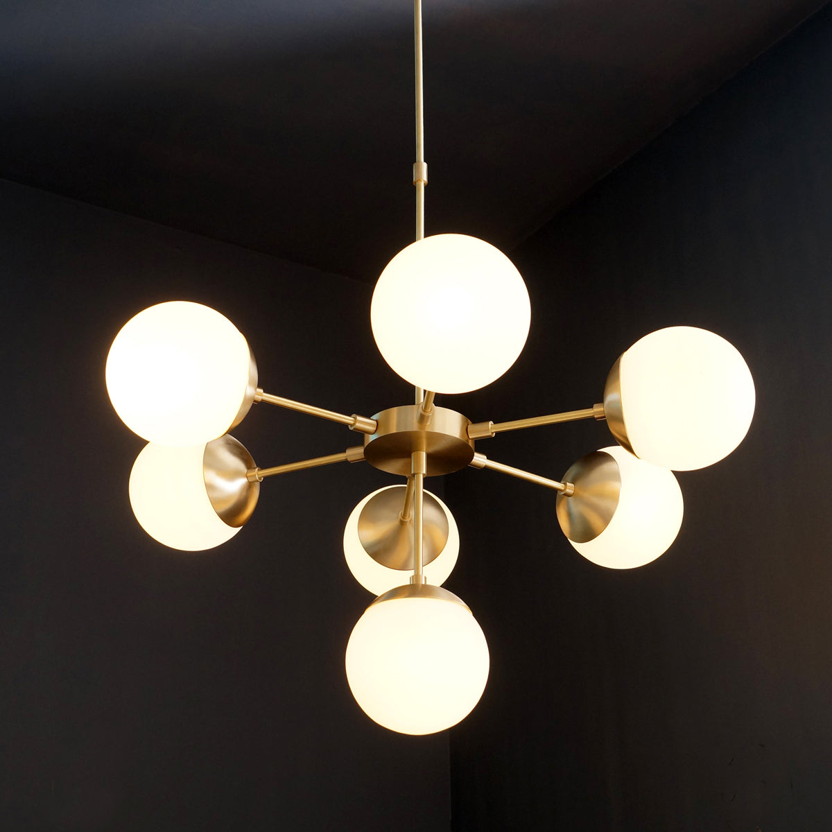 Modern Brass 7 Bulbs Glass Globe Trumpet Chandelier - Doozie Light Studio