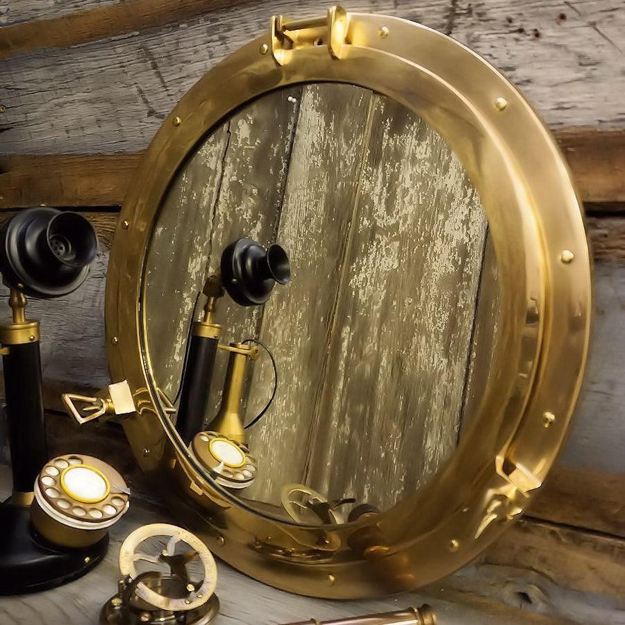Large Nautical Polished Brass Porthole Mirror - Doozie Light Studio