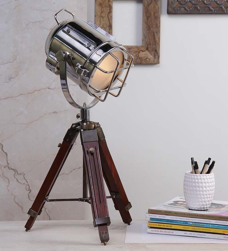 Nickel Finish Tripod Table Lamp Teak Wood Base - Doozie Light Studio