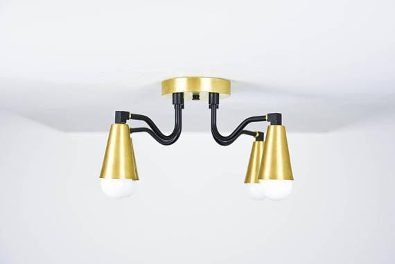 Modern Brass Cone Shades Semi Flush 4 Arm Bulb Sputnik - Doozie Light Studio