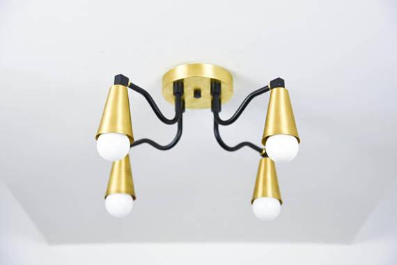 Modern Brass Cone Shades Semi Flush 4 Arm Bulb Sputnik - Doozie Light Studio