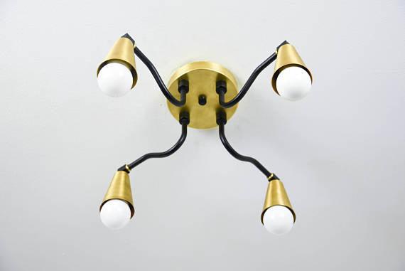 Modern Brass Cone Shades Semi Flush 4 Arm Bulb Sputnik - Doozie Light Studio