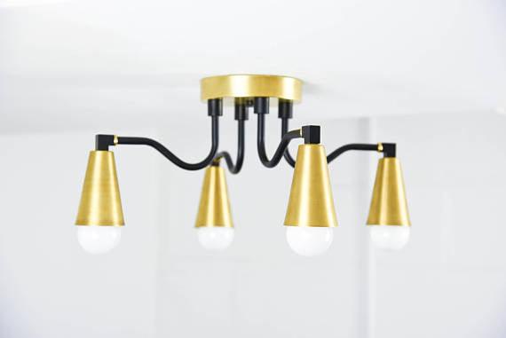 Modern Brass Cone Shades Semi Flush 4 Arm Bulb Sputnik - Doozie Light Studio