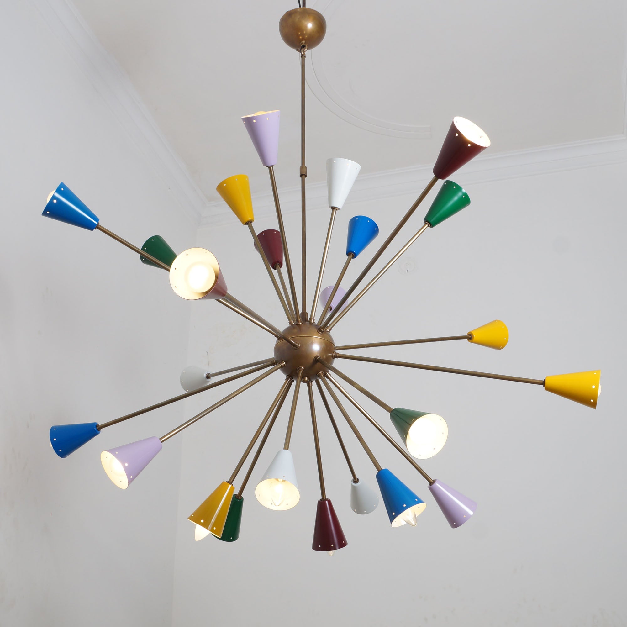 Stilnovo Multi Color Mid Century Italian Brass Sputnik Chandelier 45"D - Doozie Light Studio